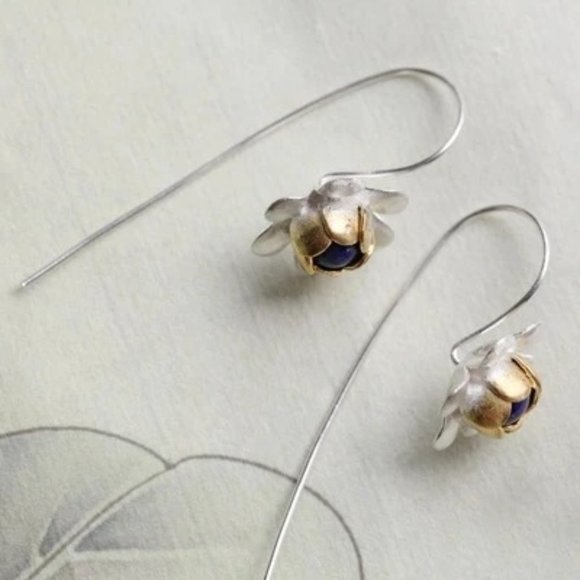 14k Gold Flower Long Fish Hook Earrings Sterling Silver - Picture 3 of 9